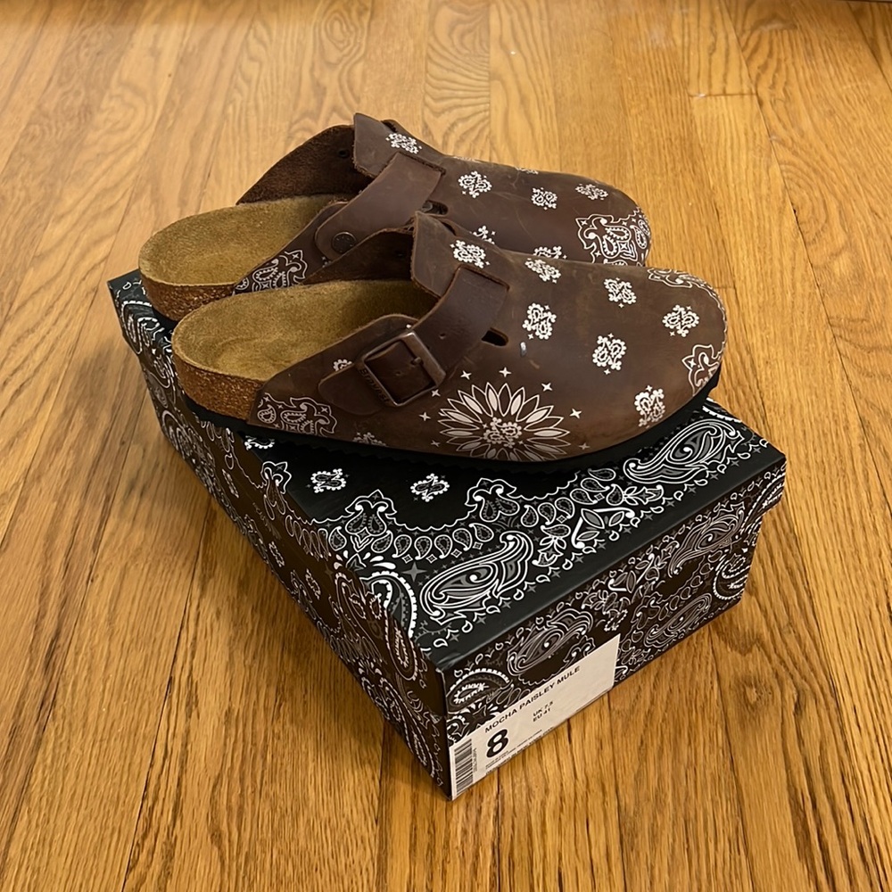 Bravest Studios Mocha paisley mules in brown. New in Box.